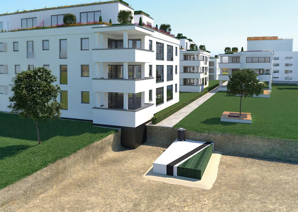 Unterirdische Regenwasserspeicher-Rigole im Bau, als Anwendungsbereich für modernes Regenwassermanagement und Regenwasserspeicherung.